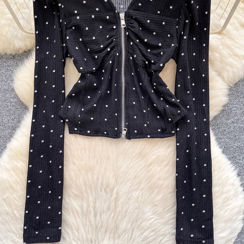 V-neck Polka Dot Zipped Top
