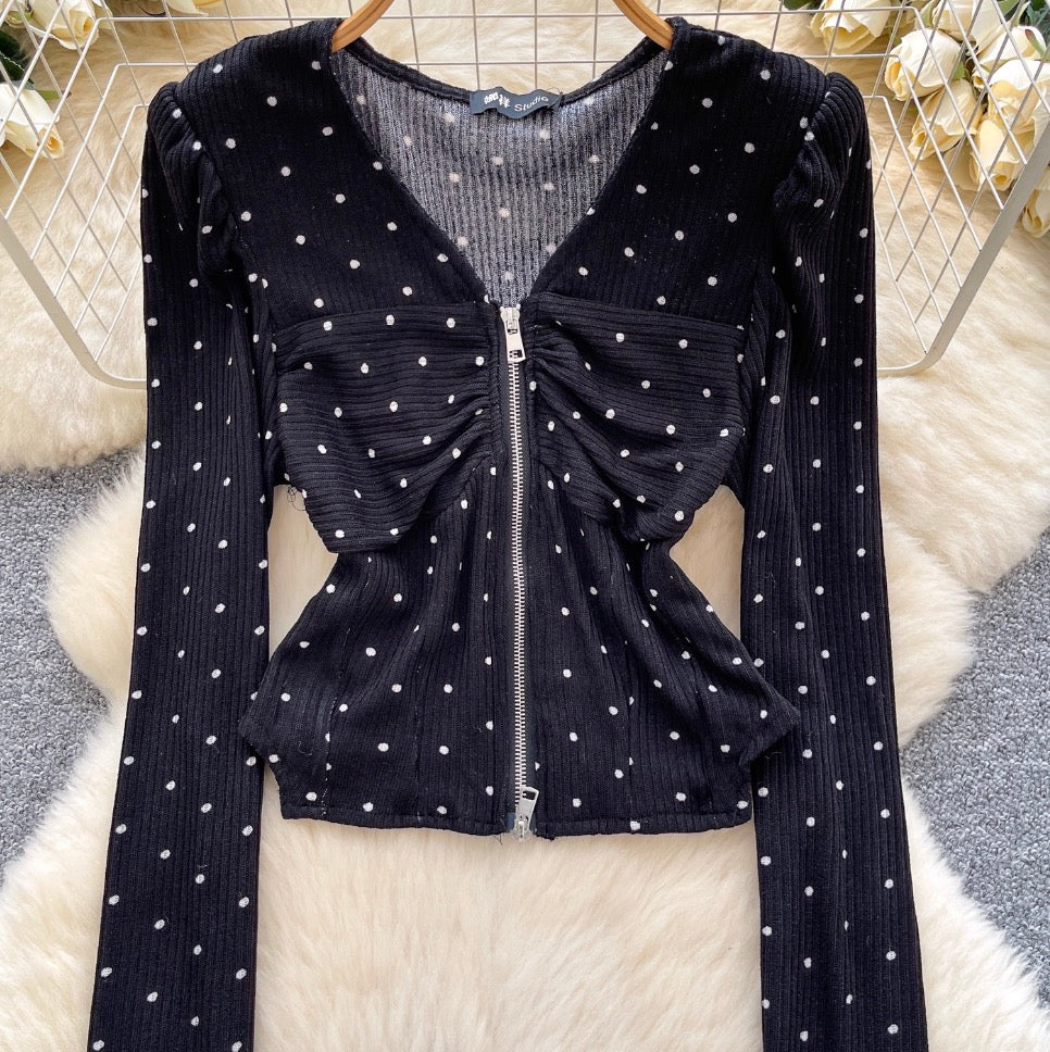 V-neck Polka Dot Zipped Top