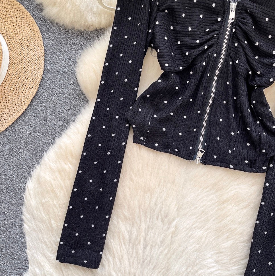 V-neck Polka Dot Zipped Top