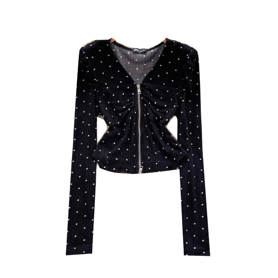 V-neck Polka Dot Zipped Top