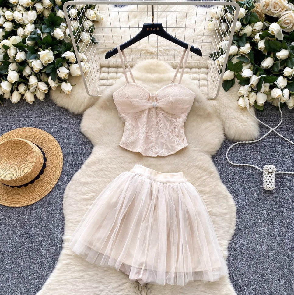 Beaded Camisole & Mesh Skirt 2Pcs