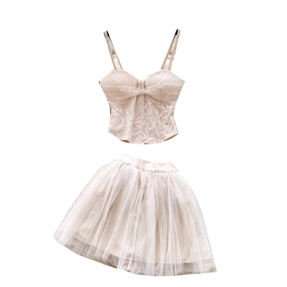 Beaded Camisole & Mesh Skirt 2Pcs
