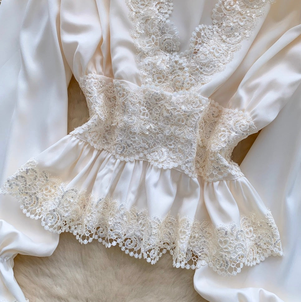Vintage Lace Patchwork Satin Top