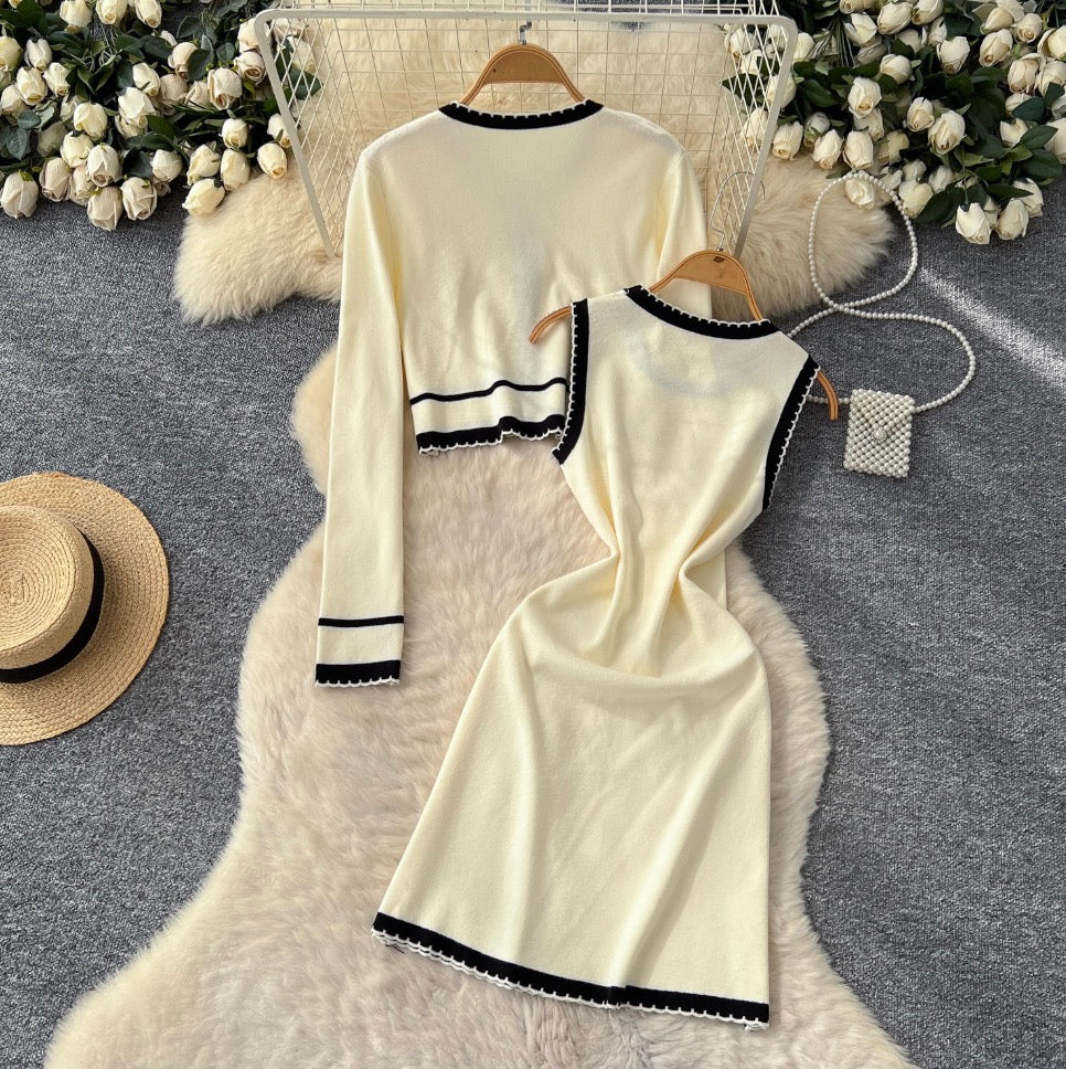 Knitted Vest Dress & Cardigan Dress 2Pcs