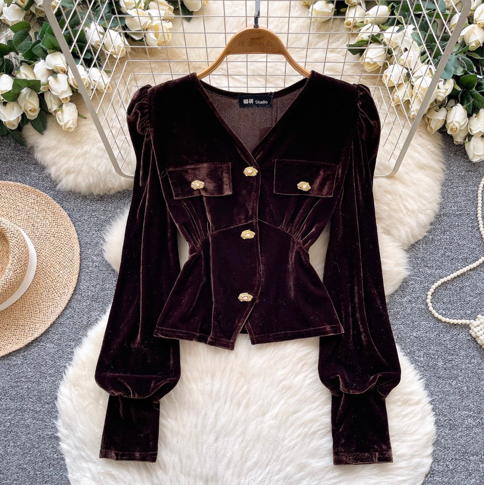 Metal Button V-neck Suede Top
