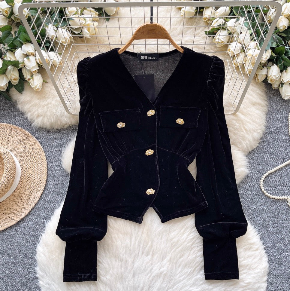 Metal Button V-neck Suede Top