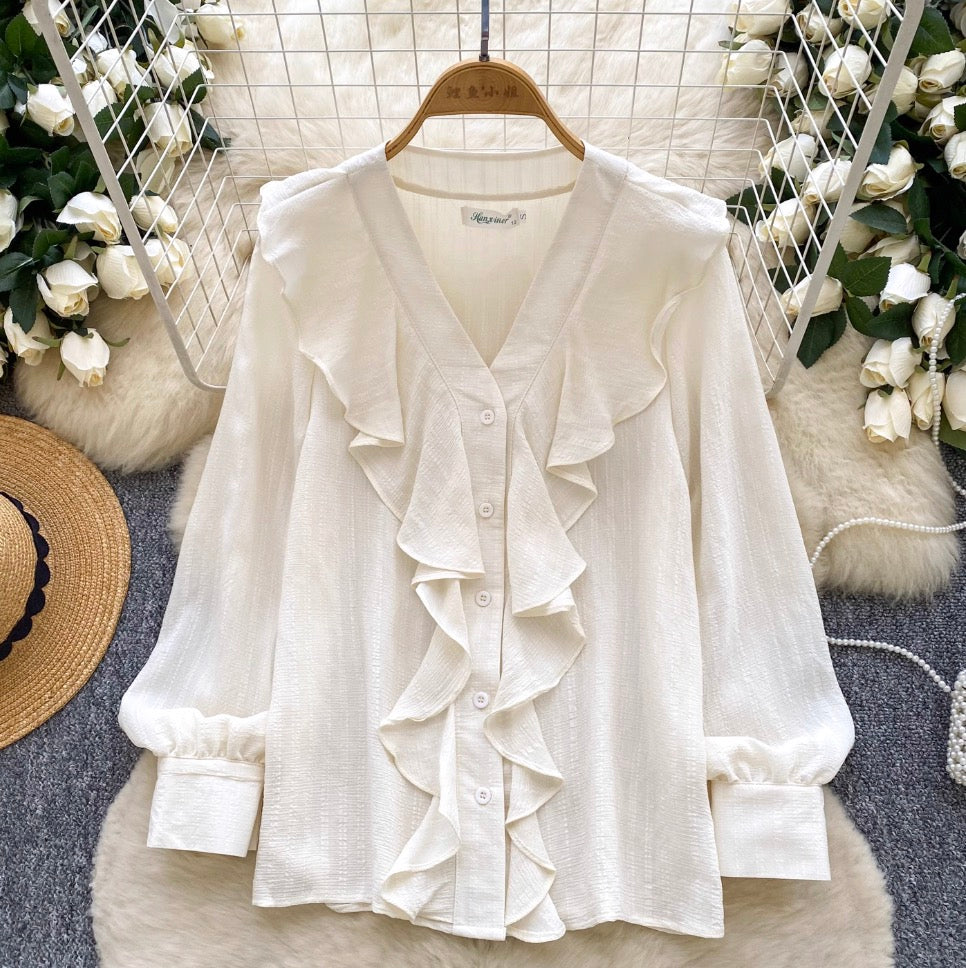 Vintage V-neck Ruffled Apricot Shirt