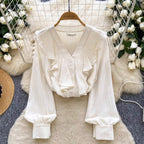 Vintage V-neck Ruffled Apricot Shirt