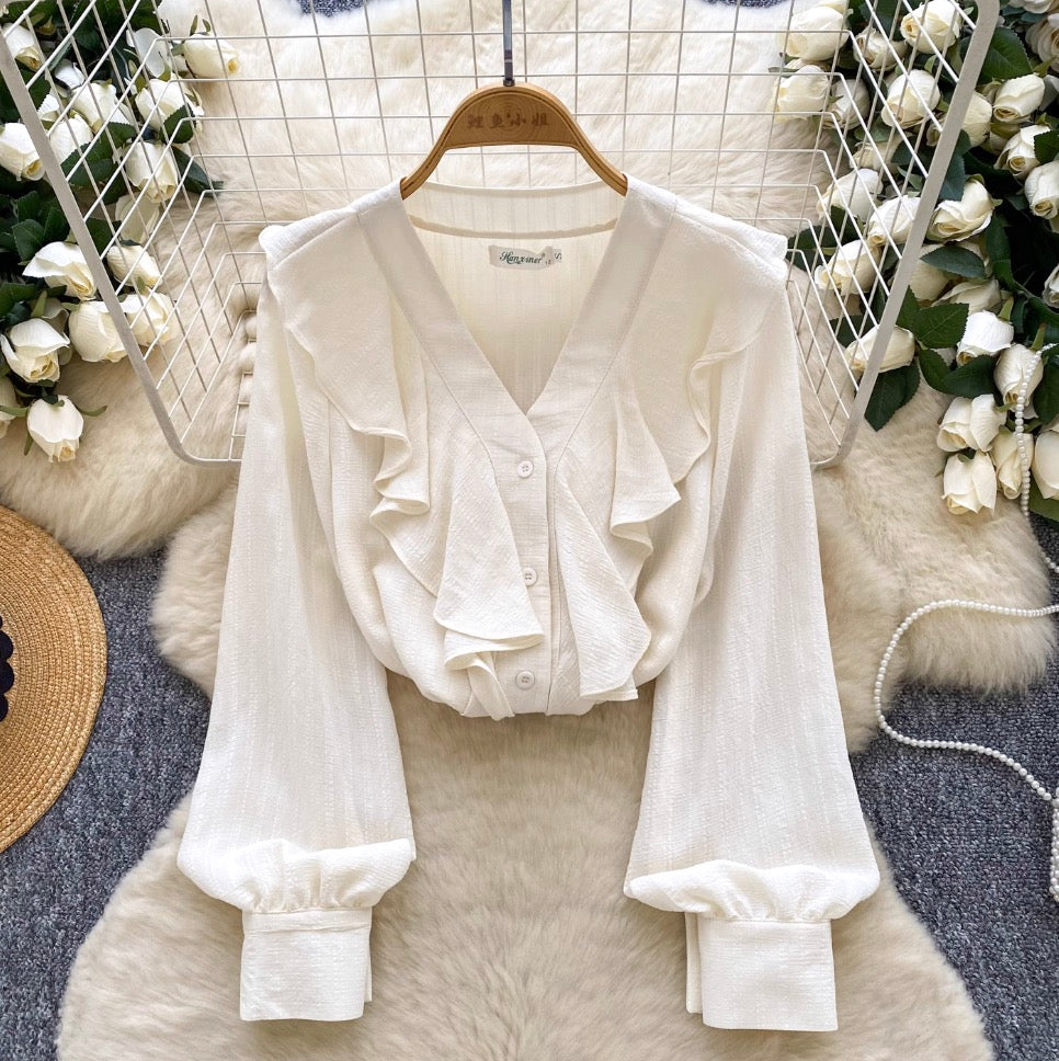 Vintage V-neck Ruffled Apricot Shirt