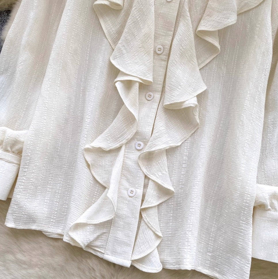 Vintage V-neck Ruffled Apricot Shirt