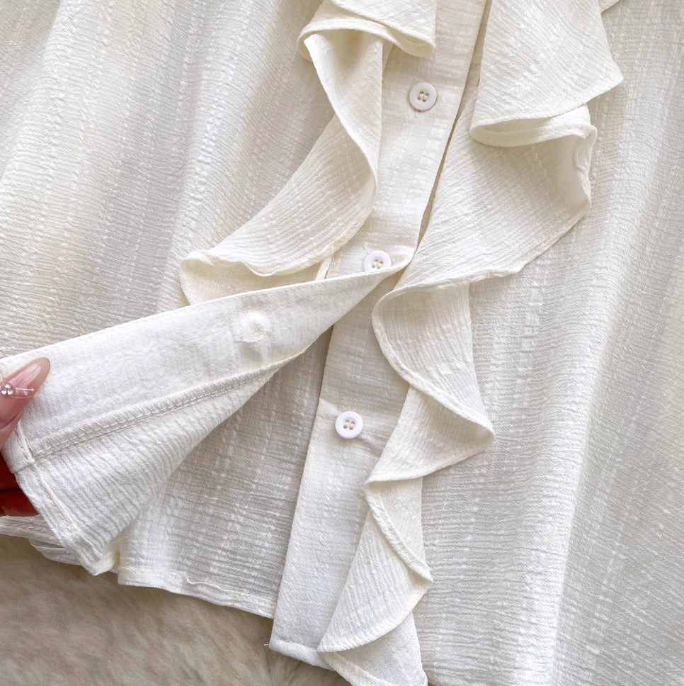 Vintage V-neck Ruffled Apricot Shirt