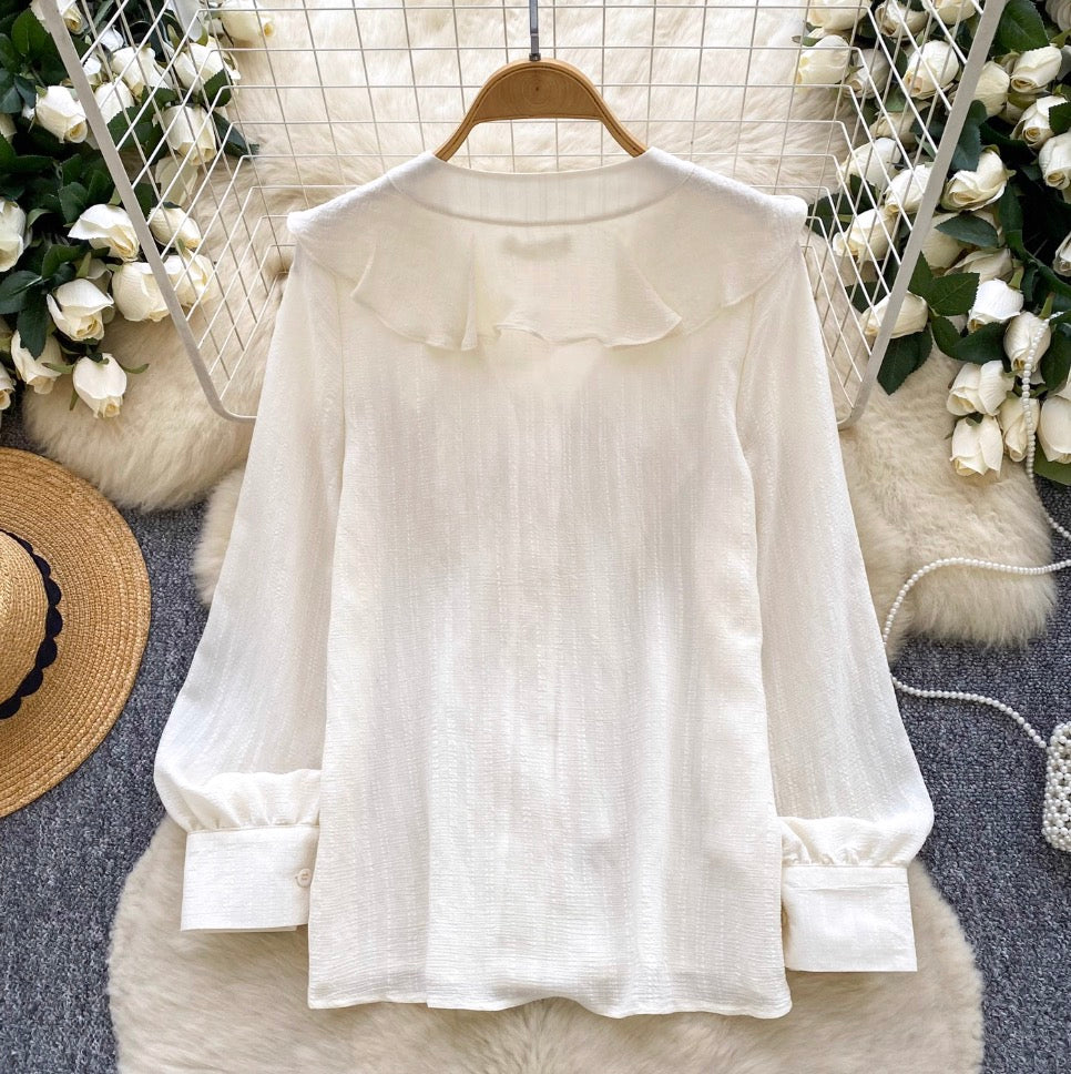 Vintage V-neck Ruffled Apricot Shirt
