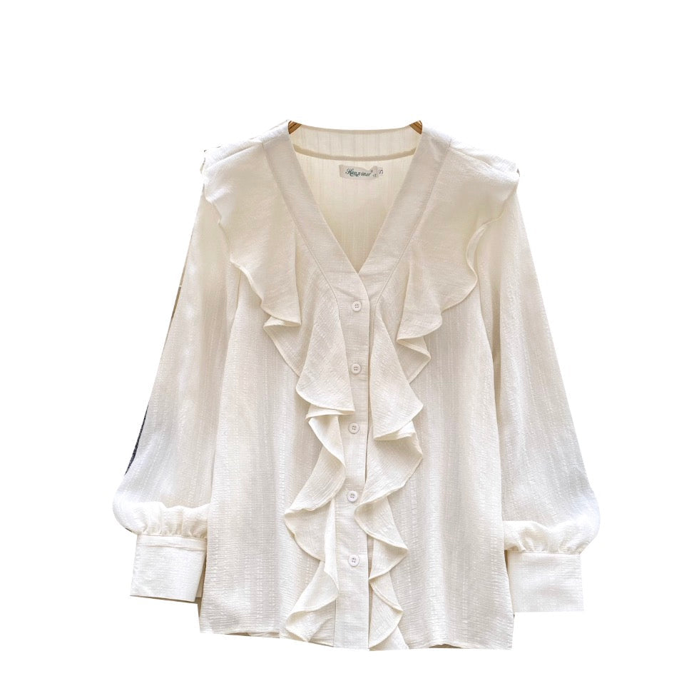 Vintage V-neck Ruffled Apricot Shirt