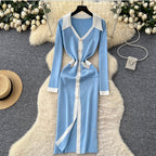 Color Blocking V-neck Knitted Dress