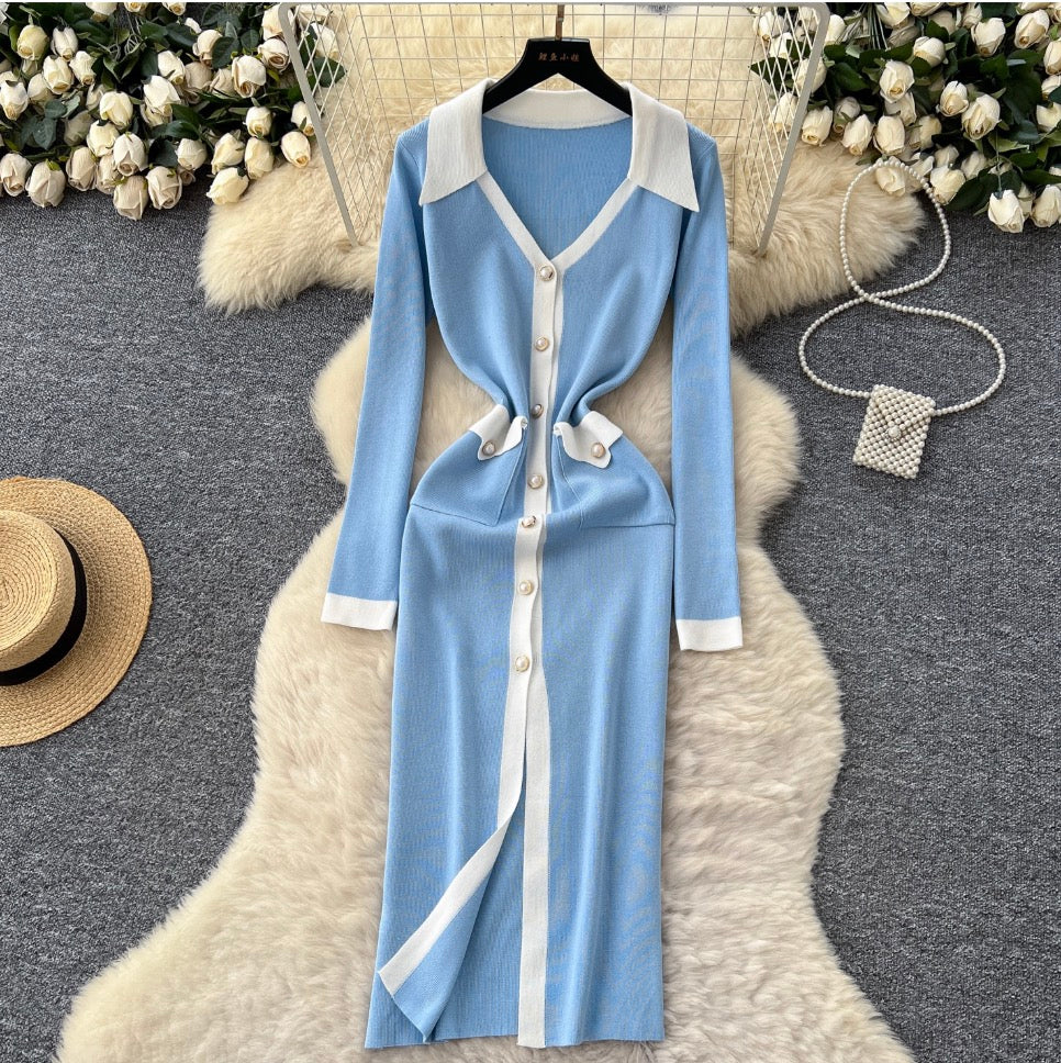Color Blocking V-neck Knitted Dress