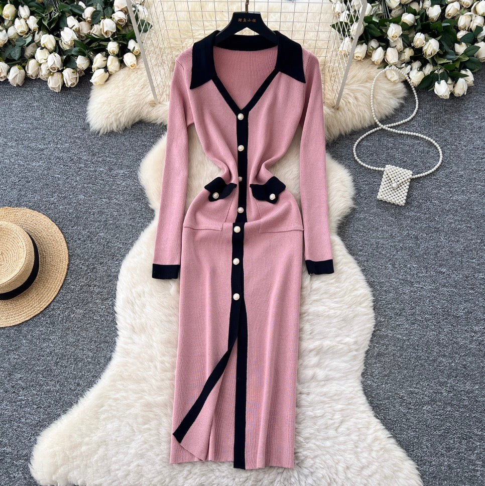 Color Blocking V-neck Knitted Dress