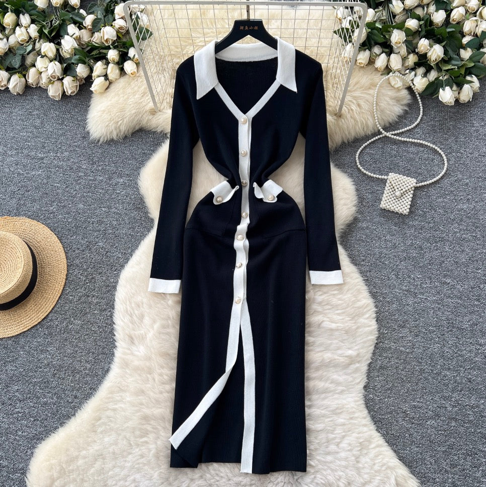 Color Blocking V-neck Knitted Dress
