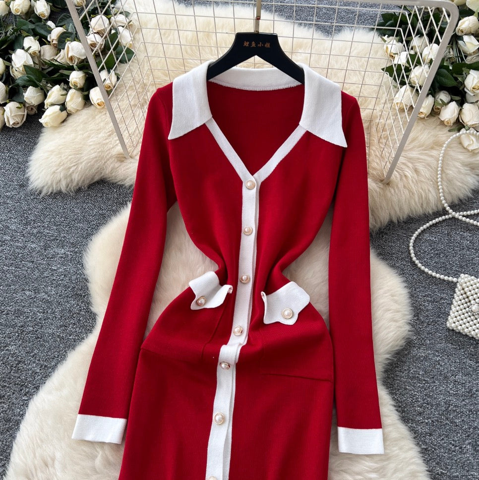 Color Blocking V-neck Knitted Dress