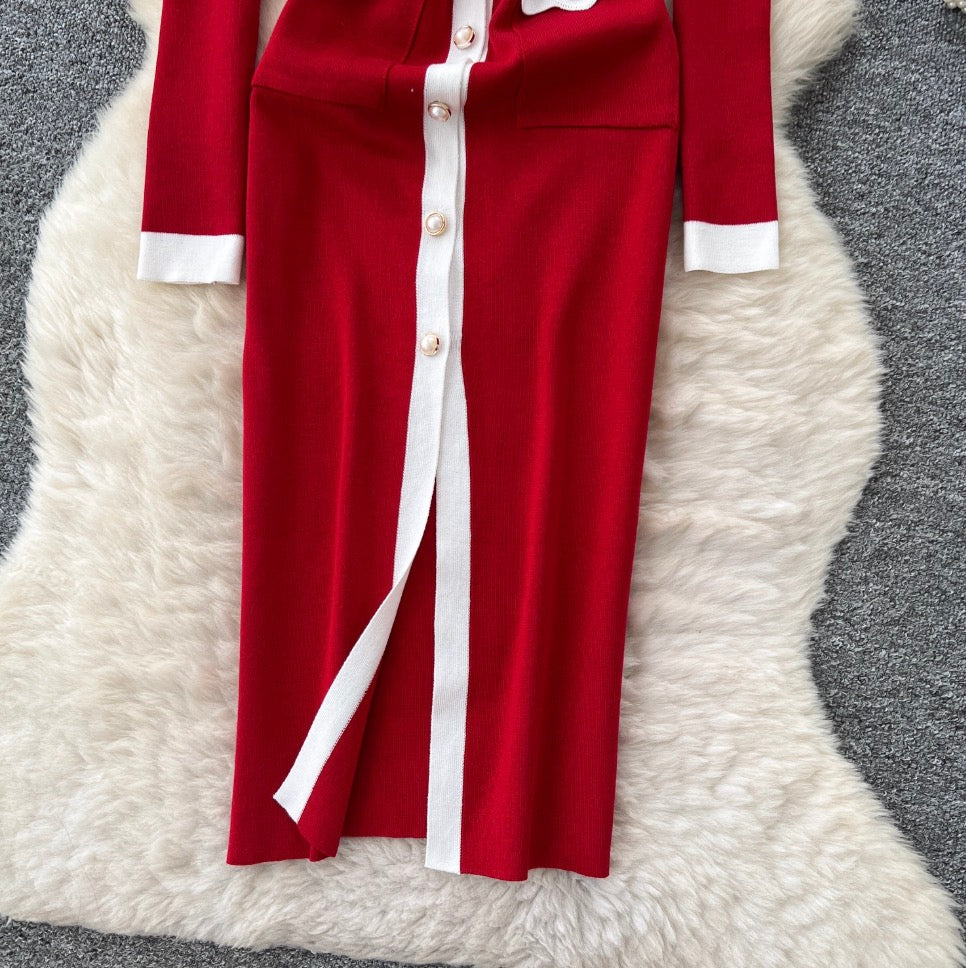 Color Blocking V-neck Knitted Dress