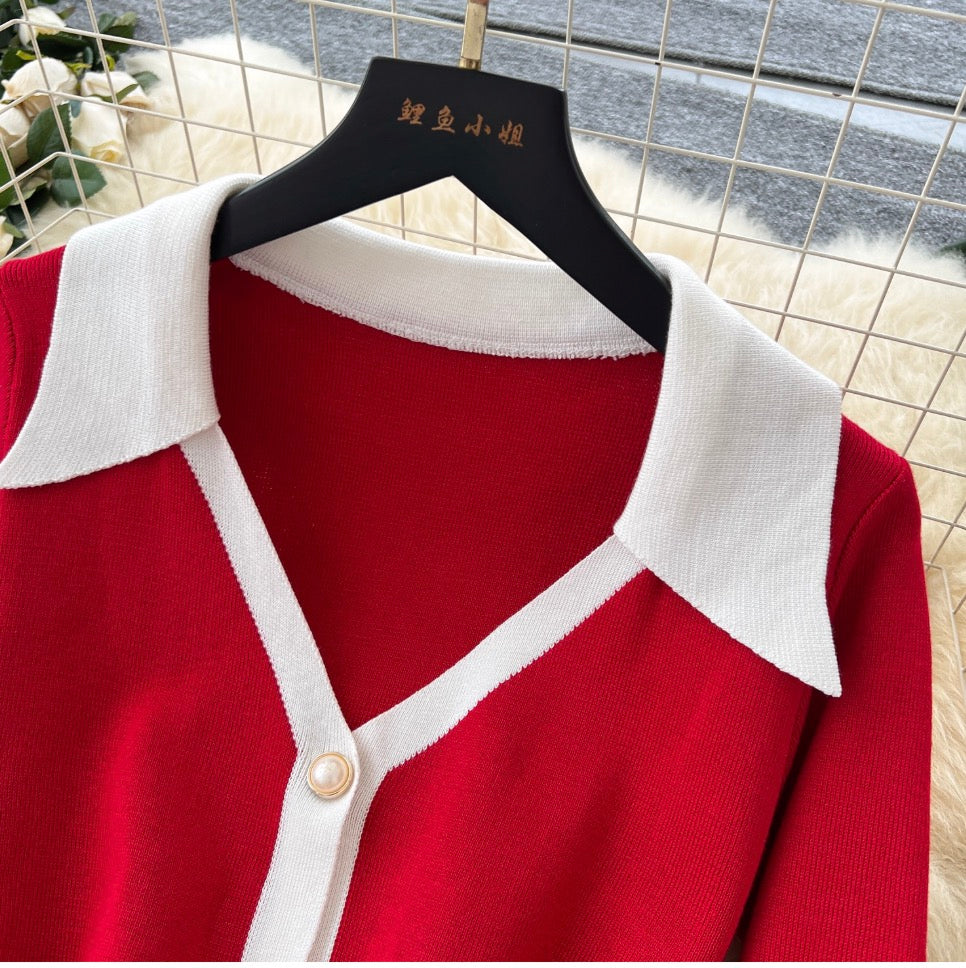 Color Blocking V-neck Knitted Dress