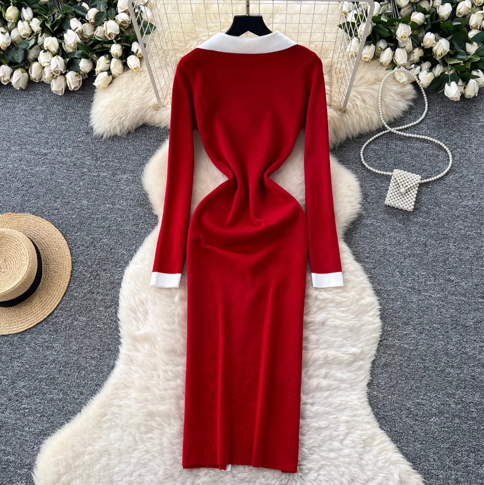 Color Blocking V-neck Knitted Dress