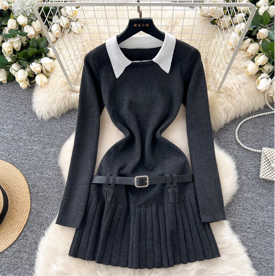 Faux Two-pieces Pleated Knitwear Dress