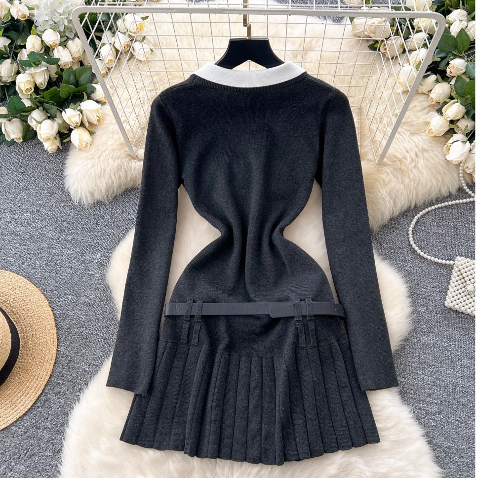 Faux Two-pieces Pleated Knitwear Dress