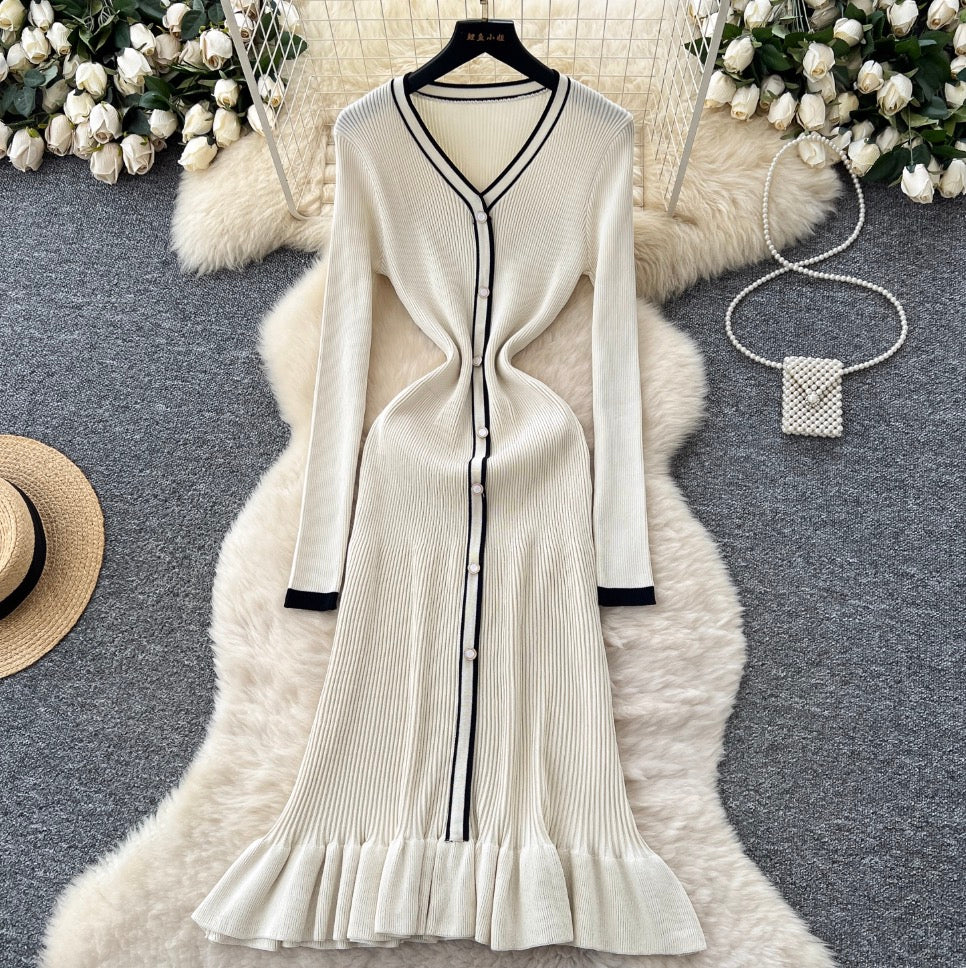 Vintage Color-blocking Cardigan Dress