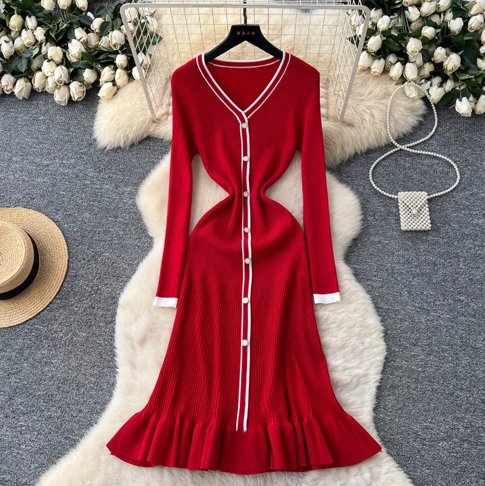 Vintage Color-blocking Cardigan Dress