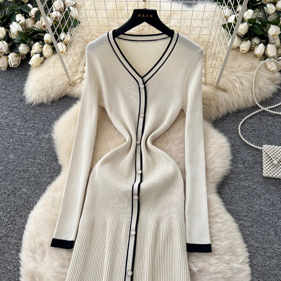 Vintage Color-blocking Cardigan Dress