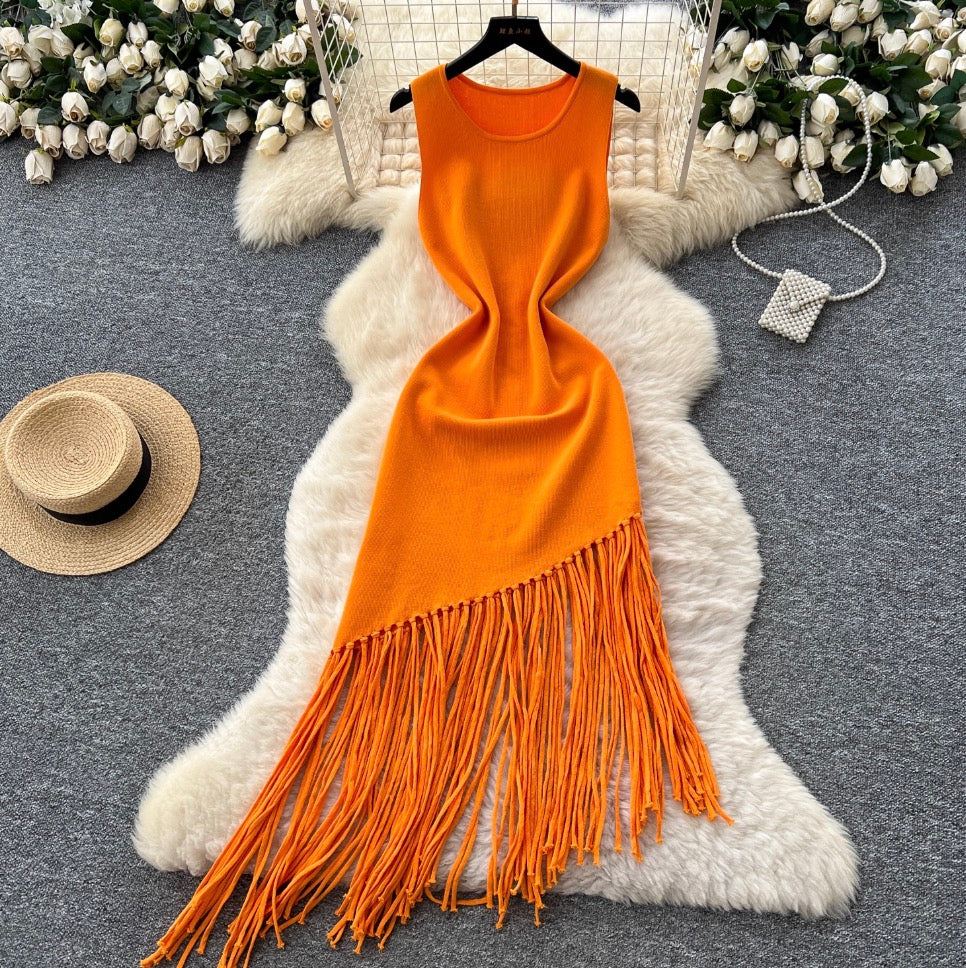 Asymmetric Fringed Knitted Vest Dress