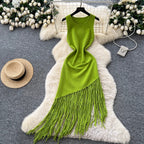 Asymmetric Fringed Knitted Vest Dress