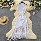 Asymmetric Fringed Knitted Vest Dress