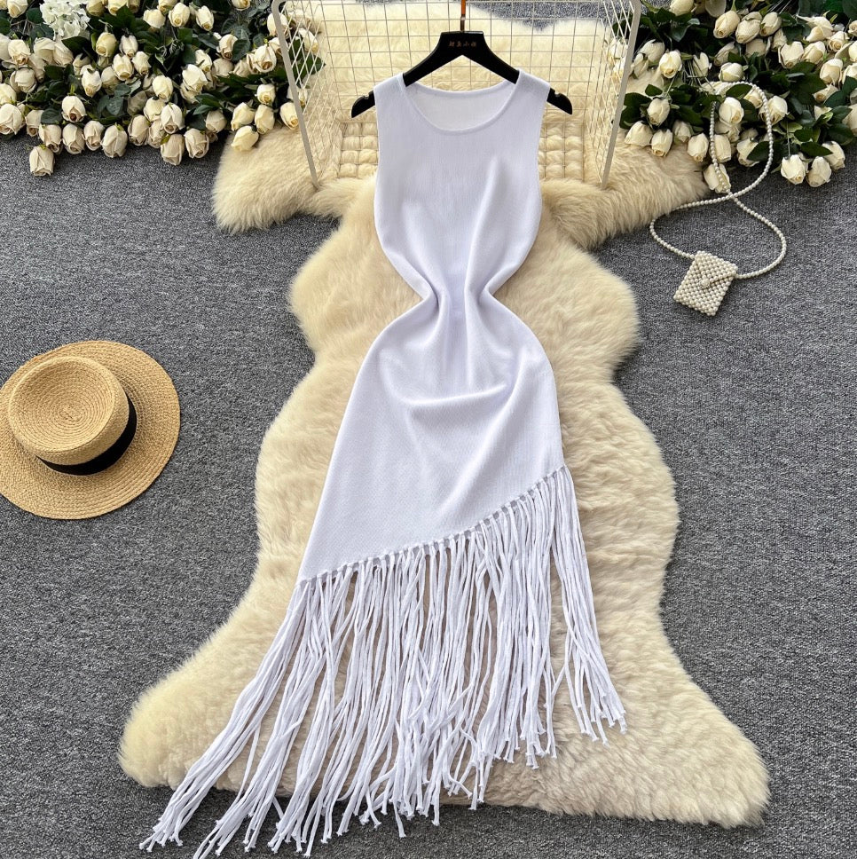 Asymmetric Fringed Knitted Vest Dress