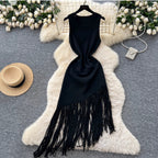 Asymmetric Fringed Knitted Vest Dress