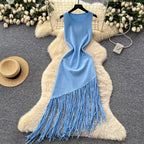 Asymmetric Fringed Knitted Vest Dress