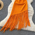 Asymmetric Fringed Knitted Vest Dress