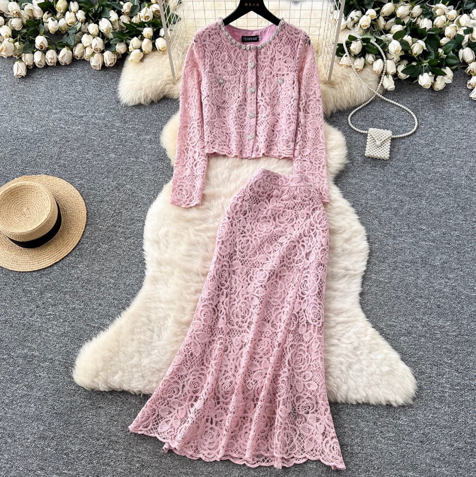 Beaded Cardigan & Skirt Lace 2Pcs
