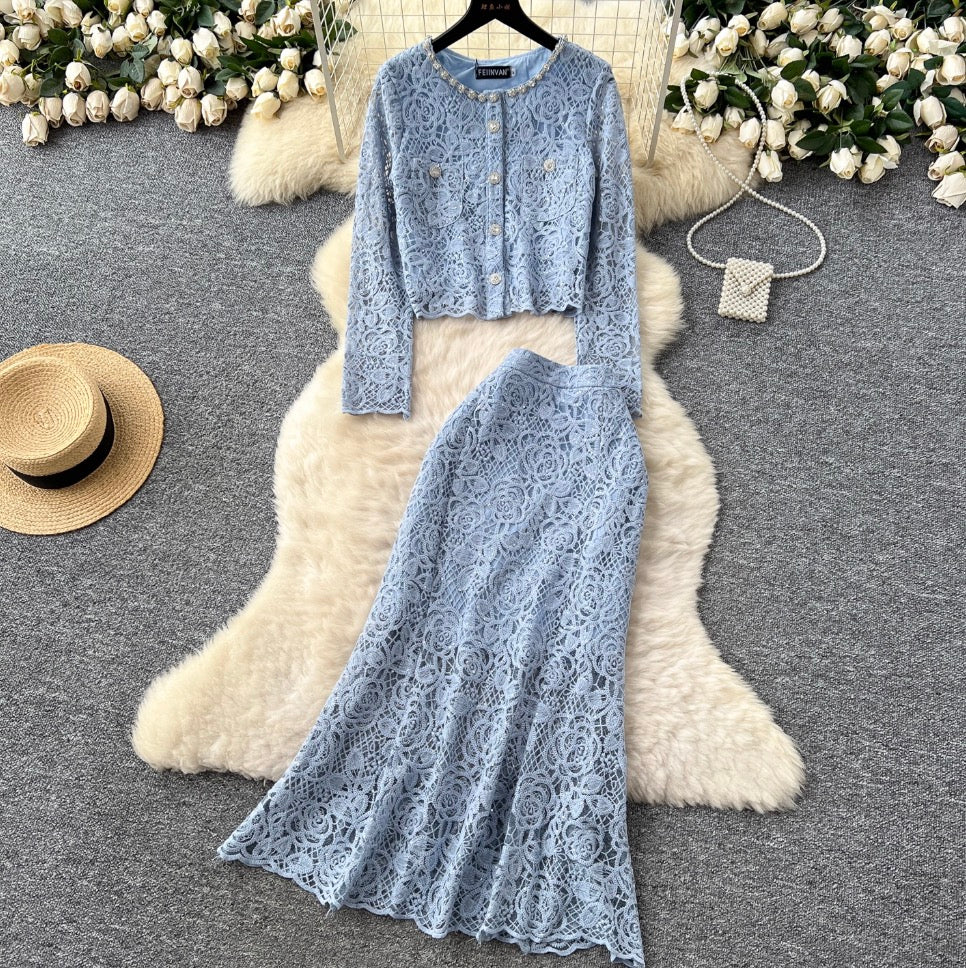 Beaded Cardigan & Skirt Lace 2Pcs