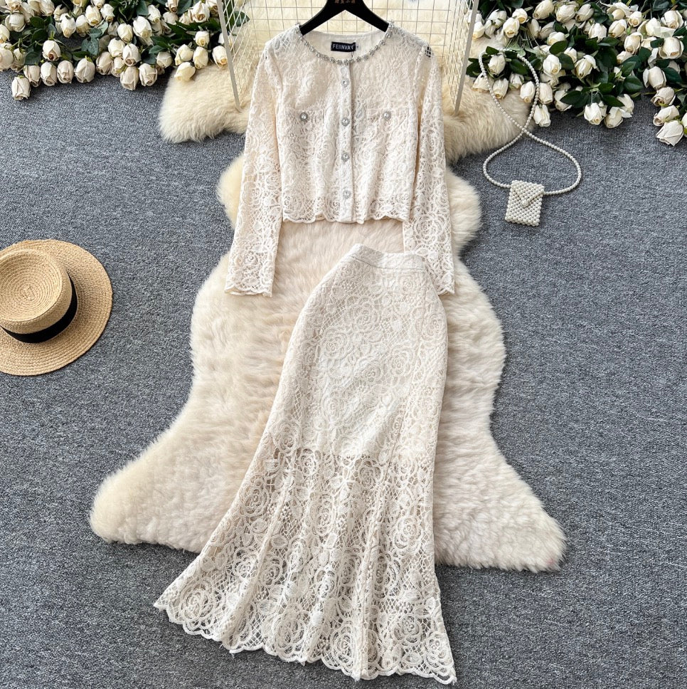 Beaded Cardigan & Skirt Lace 2Pcs