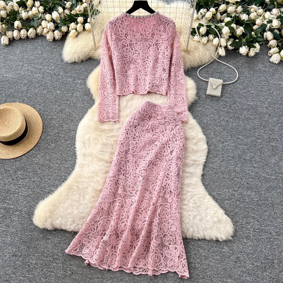 Beaded Cardigan & Skirt Lace 2Pcs