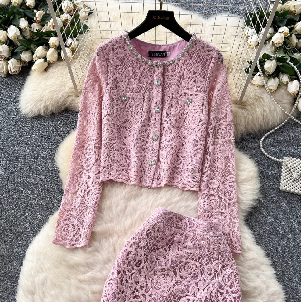 Beaded Cardigan & Skirt Lace 2Pcs