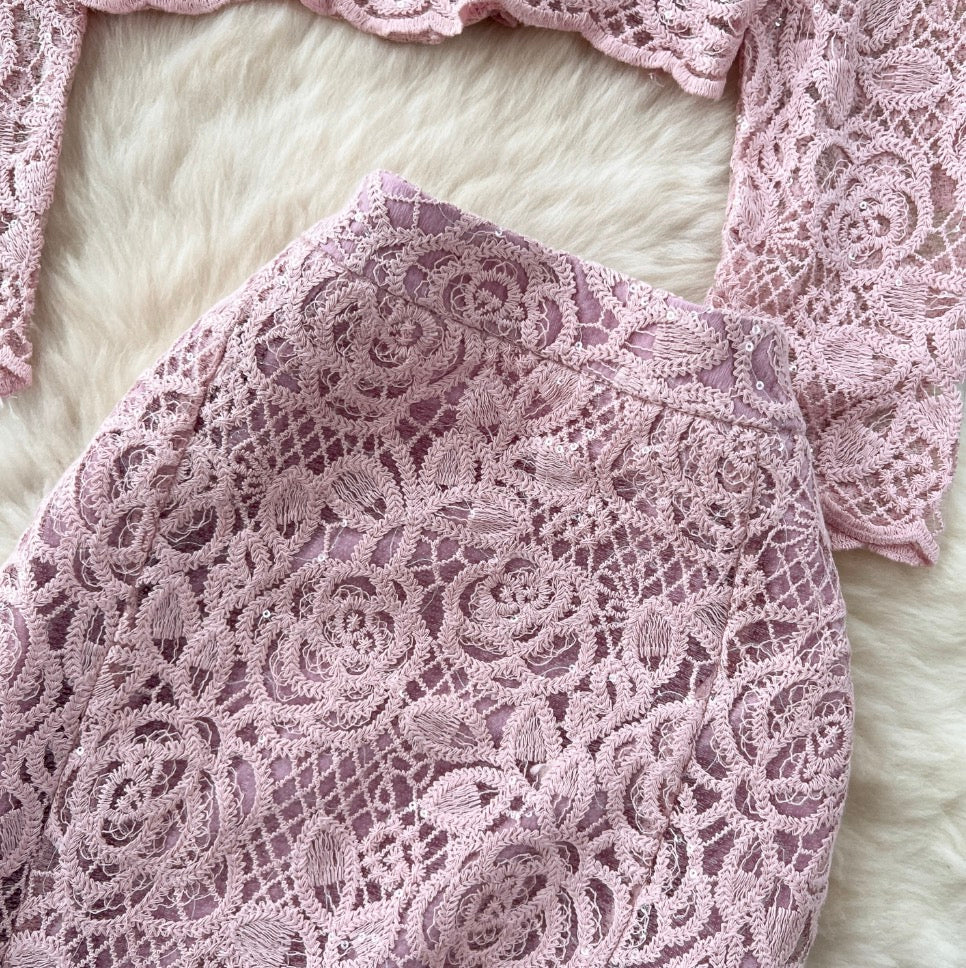 Beaded Cardigan & Skirt Lace 2Pcs