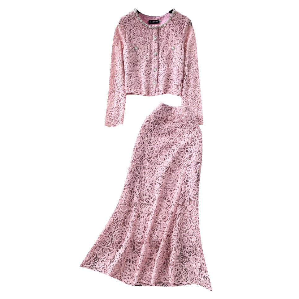 Beaded Cardigan & Skirt Lace 2Pcs