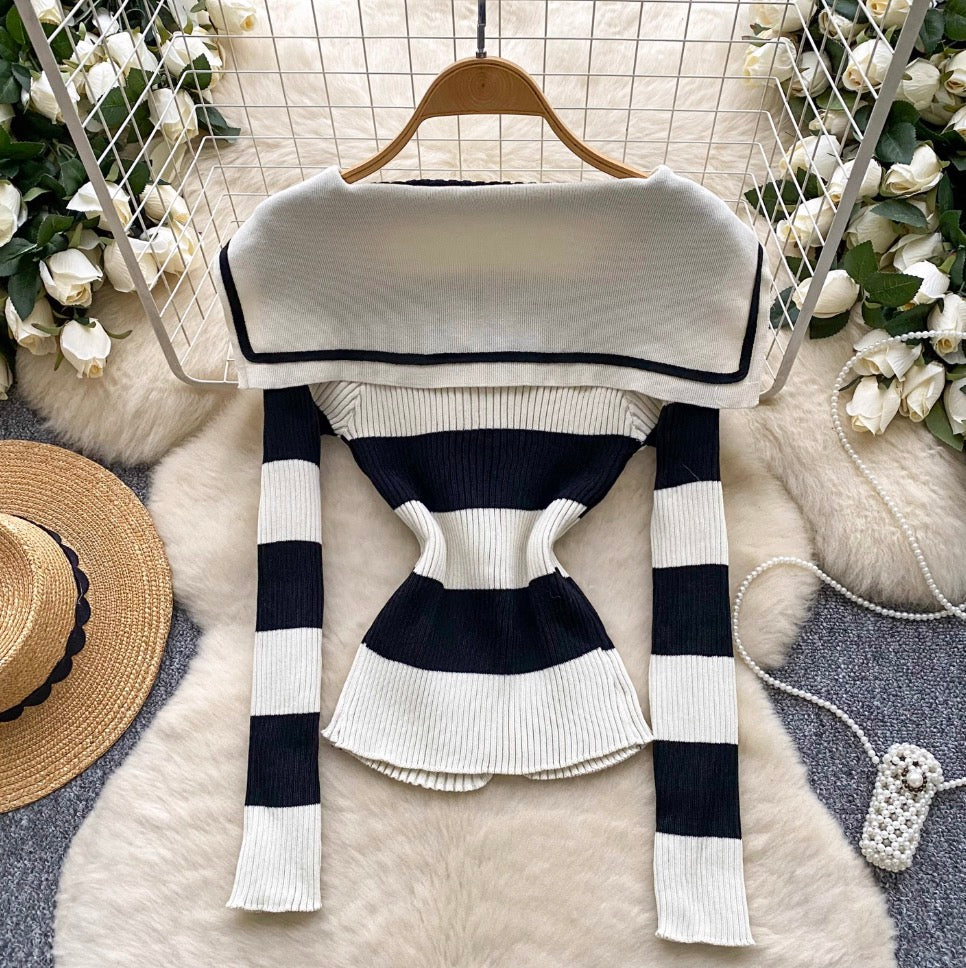 Navy Collar Striped Knitwear