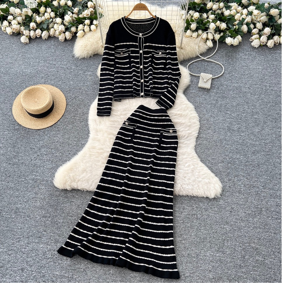Striped Cardigan & Skirt Knitted 2Pcs