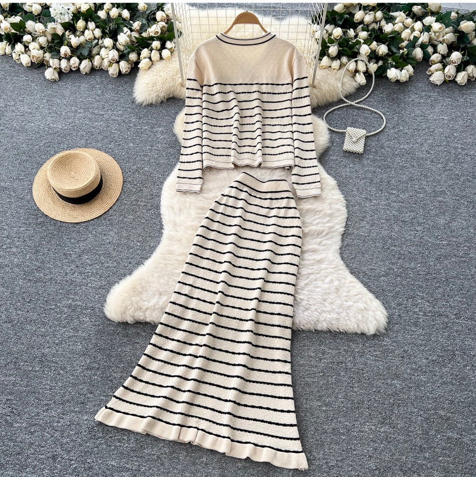Striped Cardigan & Skirt Knitted 2Pcs