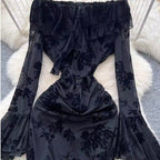 Off-shoulder Black Flocking Dress