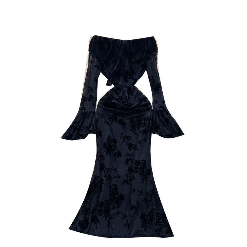 Off-shoulder Black Flocking Dress