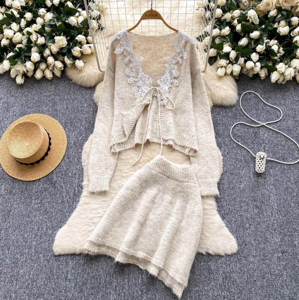 Lace Patchwork Cardigan & Skirt 2Pcs